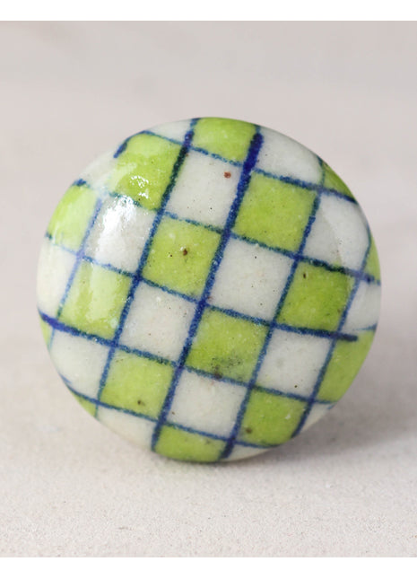 Lime Green And White Checkerboard Ceramic Blue Pottery Drawer Knob