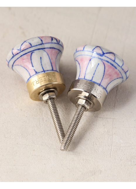 Pink And White Checkerboard Ceramic Blue Pottery Dresser Cabinet Knob