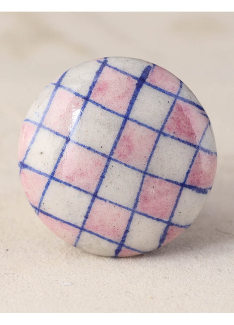 Pink And White Checkerboard Ceramic Blue Pottery Dresser Cabinet Knob