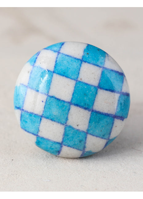 Turquoise And White Checkerboard Ceramic Blue Pottery Drawer Knob