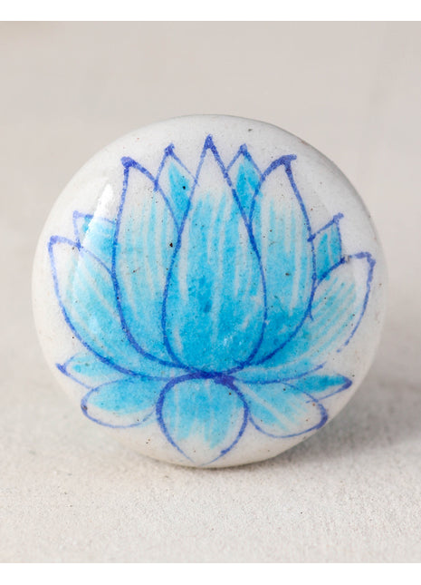 White Ceramic Blue Pottery Dresser Cabinet Knob With Turquoise Lotus Flower