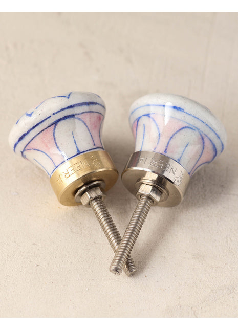 White Ceramic Blue Pottery Dresser Cabinet Knob With Pink Lotus Flower