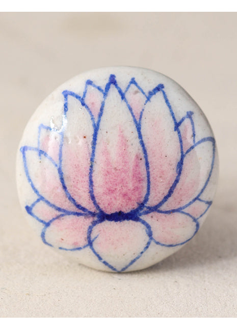 White Ceramic Blue Pottery Dresser Cabinet Knob With Pink Lotus Flower