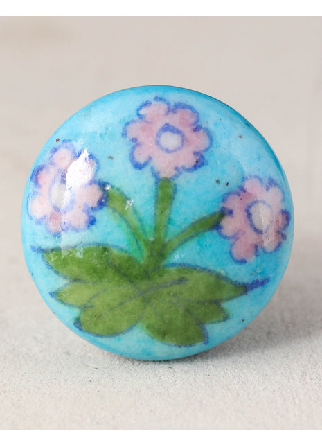 Turquoise Ceramic Drawer Knob with Pink Paisley Flower