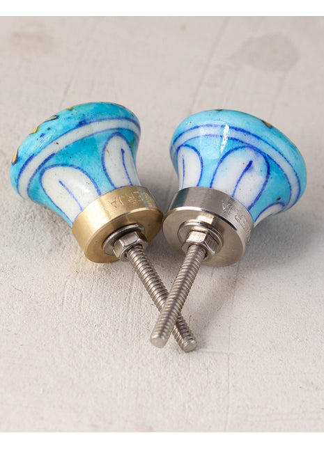 Turquoise Ceramic Blue Pottery Kitchen Cabinet Knob With Multicolor Print