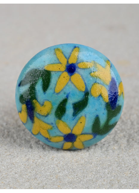 Turquoise Ceramic Blue Pottery Kitchen Cabinet Knob With Multicolor Print