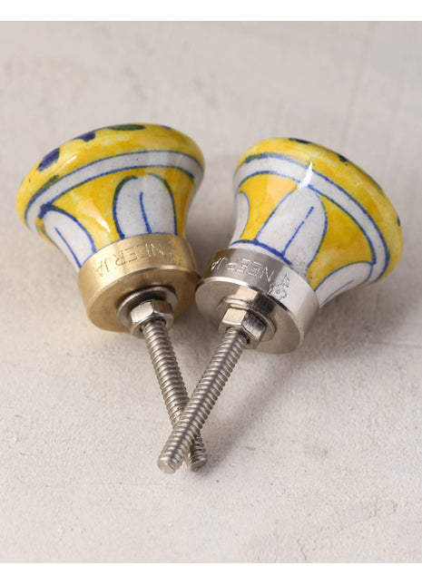 Yellow Ceramic Blue Pottery Kitchen Cabinet Knob With Multicolor Print