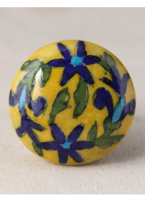 Yellow Ceramic Blue Pottery Kitchen Cabinet Knob With Multicolor Print