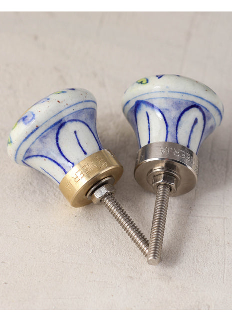 White Ceramic Blue Pottery Drawer Knob With Purple Flower