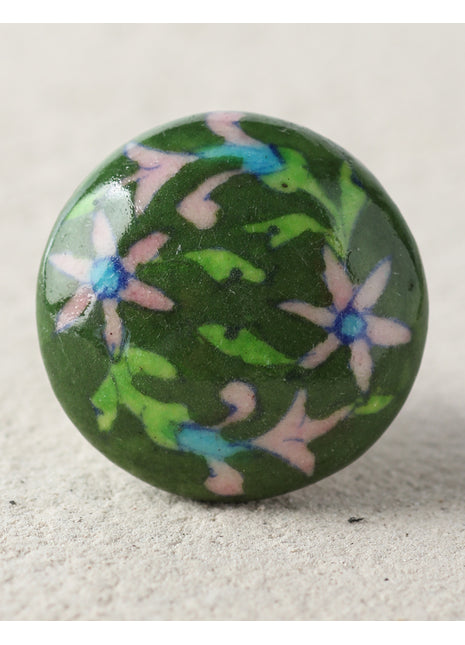 Handmade Green Ceramic Dresser Cabinet Knob With Multicolor Design