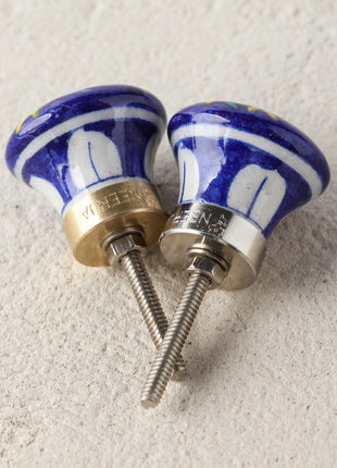 Handmade Blue Ceramic Blue Pottery Dresser Cabinet Knob With Yellow Flower