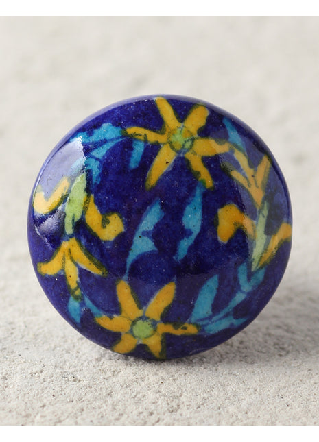 Handmade Blue Ceramic Blue Pottery Dresser Cabinet Knob With Yellow Flower