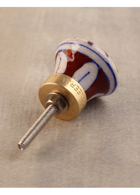 Handmade Brown Flower On White Ceramic Blue Pottery Drawer Knob