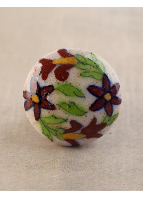 Handmade Brown Flower On White Ceramic Blue Pottery Drawer Knob