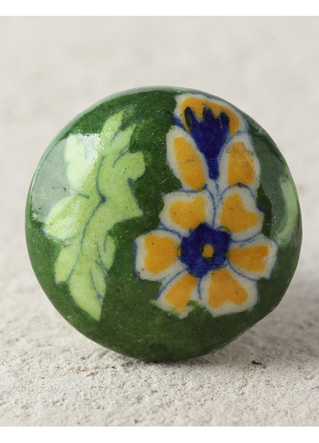 Green Ceramic Blue Pottery Door Knob With Multicolor Design