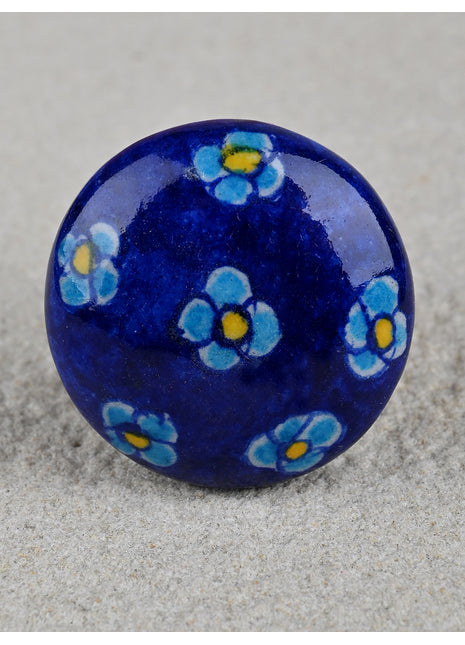 Handmade Small Turquoise Flowers On Blue Ceramic Kitchen Cabinet Knob
