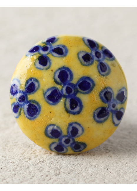 Handmade Blue Flowers On Yellow Ceramic Blue Pottery Drawer Knob