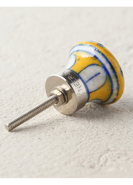 Handmade Blue Flowers On Yellow Ceramic Blue Pottery Drawer Knob