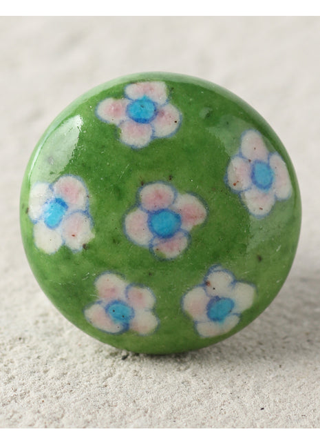 Handmade Pink Floral Print On Green Ceramic Dresser Cabinet Knob