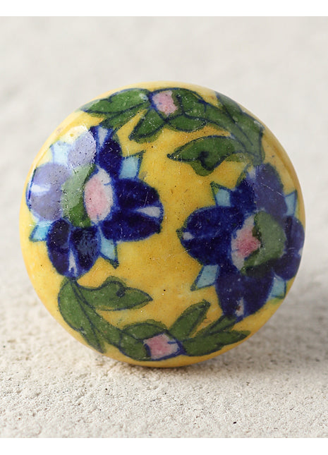 Handmade Blue Pottery Yellow Door Knob With Blue Flower