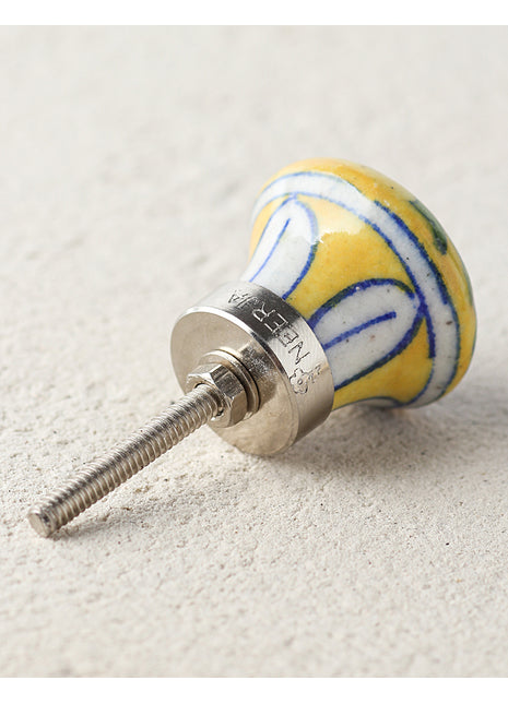 Handmade Blue Pottery Yellow Door Knob With Blue Flower
