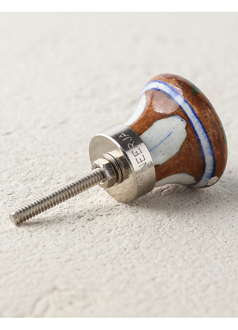Handmade Brown Ceramic Drawer Knob With Blue Flower