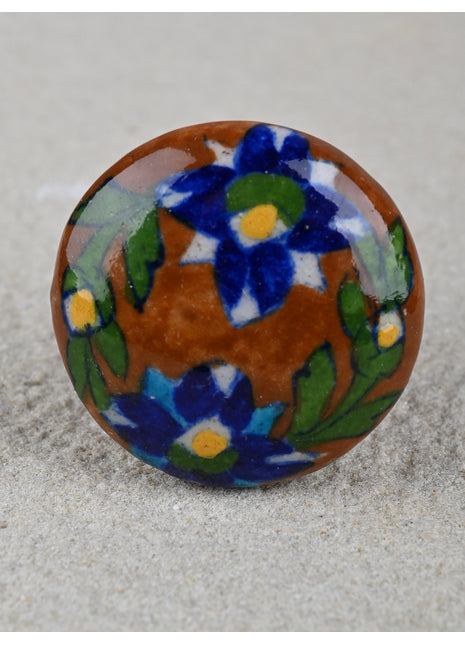 Handmade Brown Ceramic Drawer Knob With Blue Flower