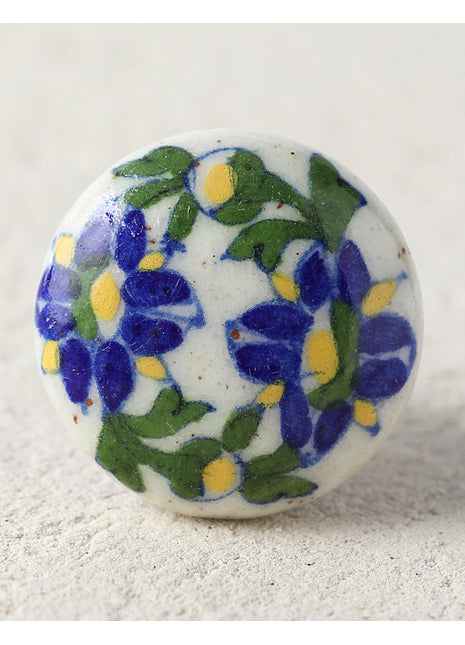 White Handmade Blue Pottery Door Knob With Blue Flower