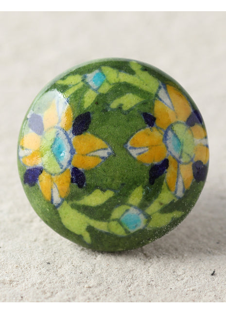 Handmade Green Ceramic Drawer Knob With Yellow And Blue Flower