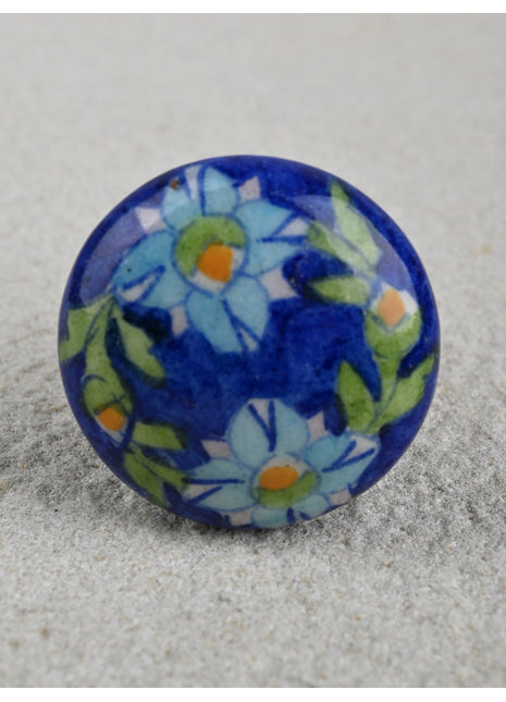 Handmade Blue Ceramic Kitchen Cabinet Knob With Turquoise Flower