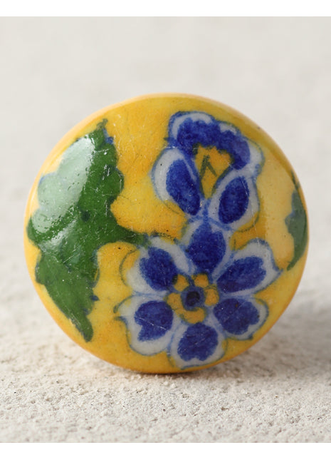 Handmade Yellow Ceramic Dresser Cabinet Knob With Blue Flower