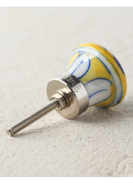 Handmade Yellow Ceramic Dresser Cabinet Knob With Blue Flower