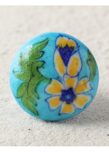 Stylish Turquoise Ceramic Blue Pottery Door Knob With Yellow Flower