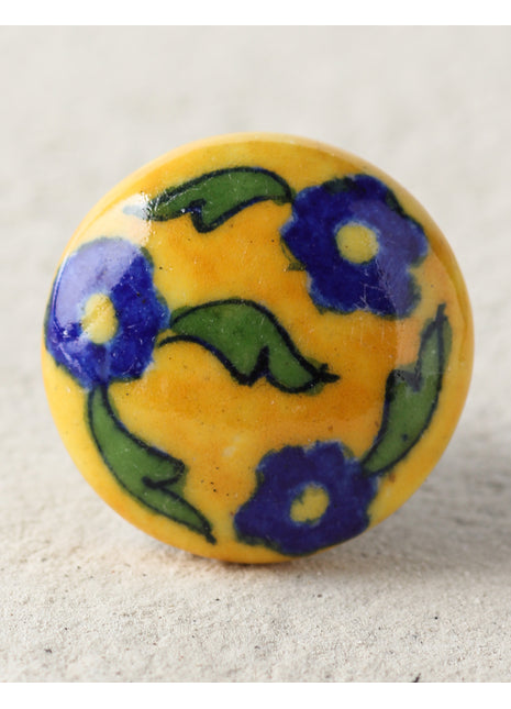 Handmade Yellow Ceramic Blue Pottery Drawer Knob With Blue Flower