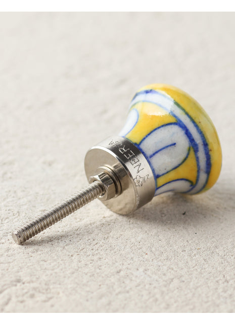 Handmade Yellow Ceramic Blue Pottery Drawer Knob With Blue Flower