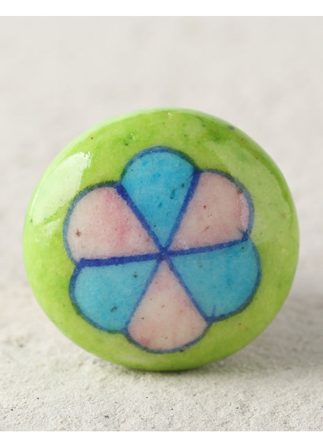 Turquoise And Pink Pinwheel On Light Green Ceramic Blue Pottery Drawer Knob