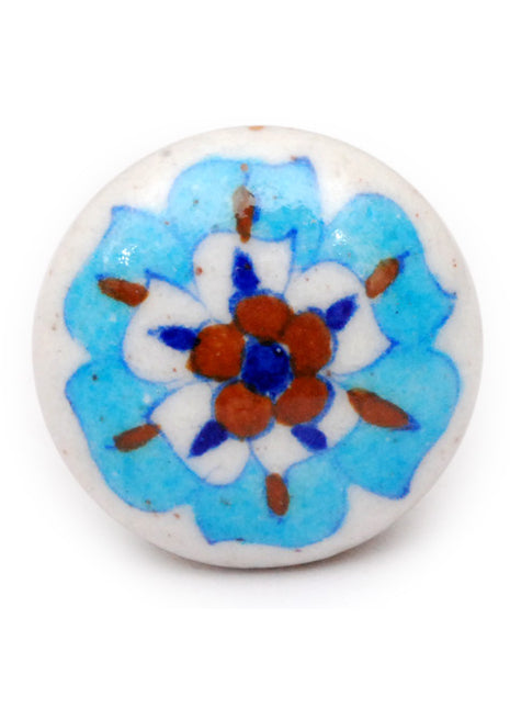 Turquoise And Red Flower On White Ceramic Blue Pottery Kitchen Cabinet Knob