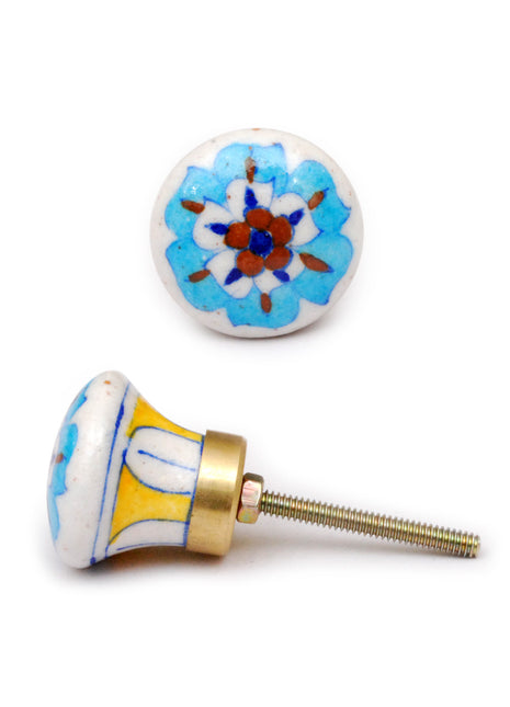 Turquoise And Red Flower On White Ceramic Blue Pottery Kitchen Cabinet Knob