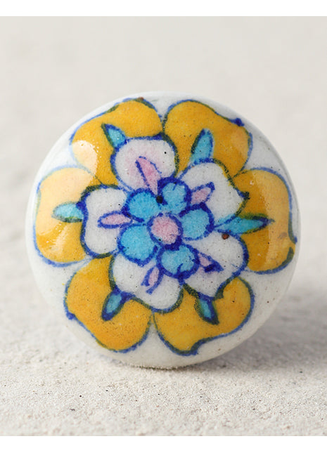 Yellow, White, Turquoise and Pink Flower on White and Blue Knob