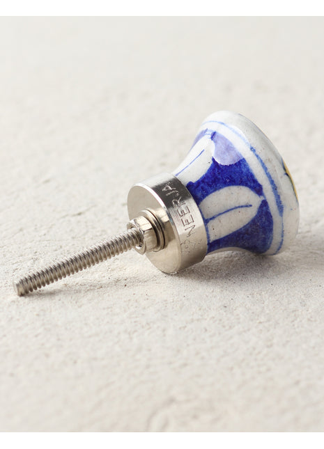 Yellow, White, Turquoise and Pink Flower on White and Blue Knob