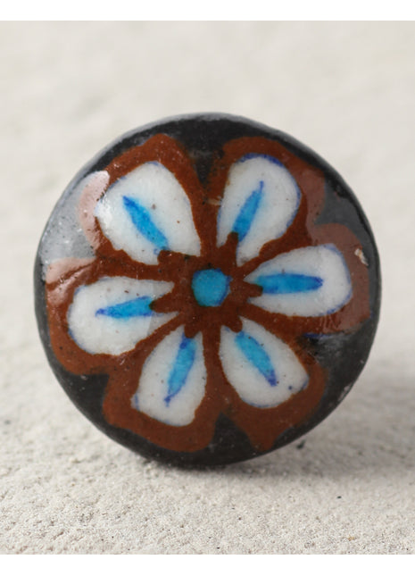 White Flower On Brown Ceramic Blue Pottery Kitchen Cabinet Knob