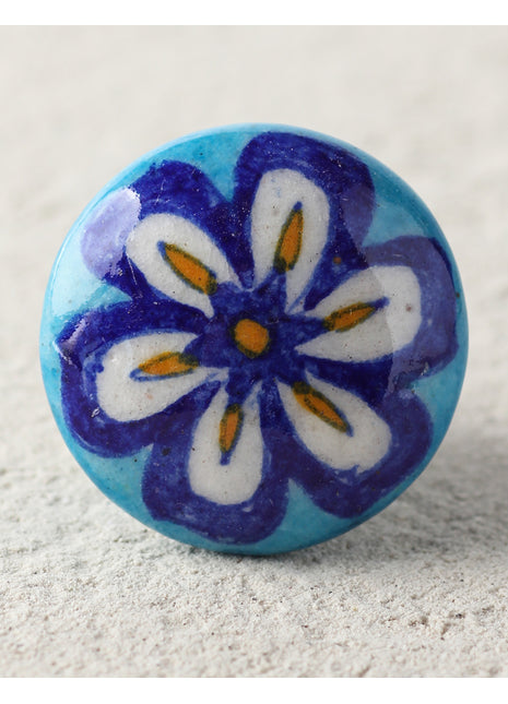 Blue And White Flower On Turquoise Ceramic Blue Pottery Drawer Knob