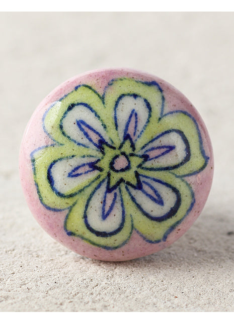 Lime Green And White Flower On Pink Ceramic Blue Pottery Drawer Knob