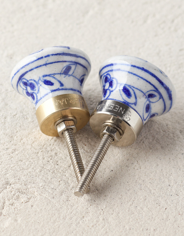 White Ceramic Blue Pottery Dresser Cabinet Knob With Blue Flowers 0.50" / Silver White Ceramic Blue Pottery Dresser Cabinet Knob With Blue Flowers 0.50" / Silver