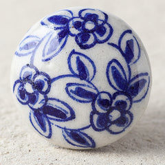 White Ceramic Blue Pottery Dresser Cabinet Knob With Blue Flowers