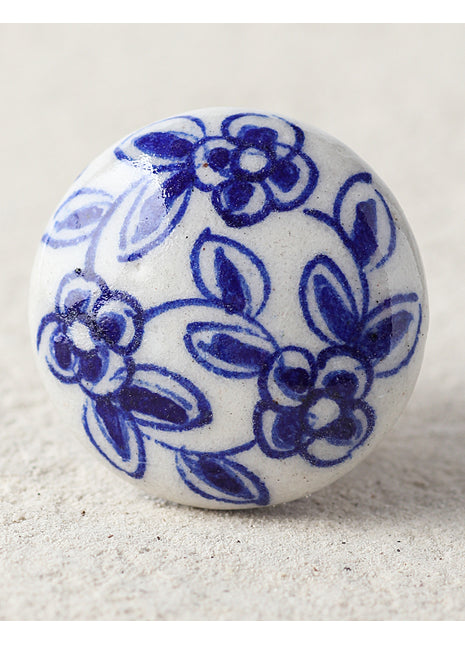 White Ceramic Blue Pottery Dresser Cabinet Knob With Blue Flowers