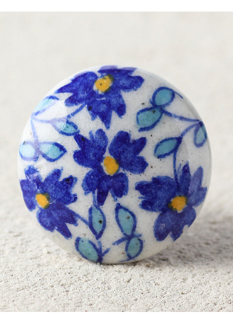 Handmade White Dresser Cabinet Knob With Blue Flowers And Turquoise Leaves