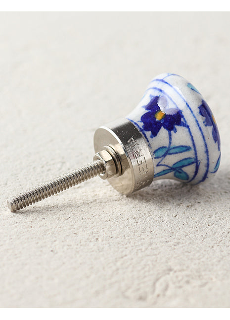 Handmade White Dresser Cabinet Knob With Blue Flowers And Turquoise Leaves