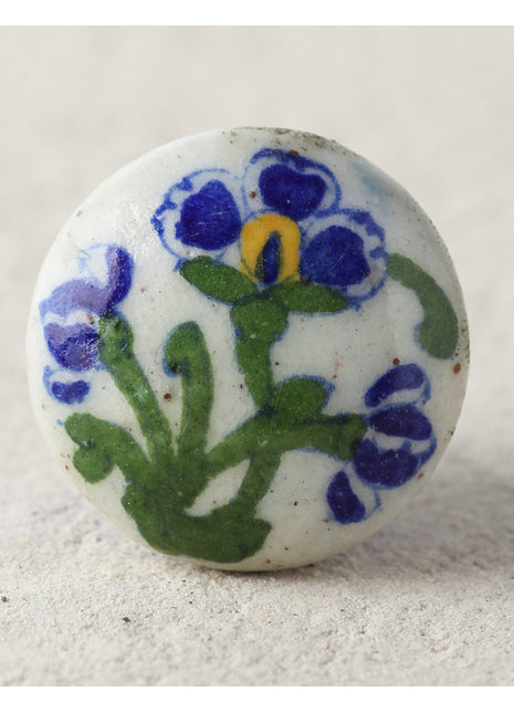 White Ceramic Blue Pottery Kitchen Cabinet Knob With Blue Flowers