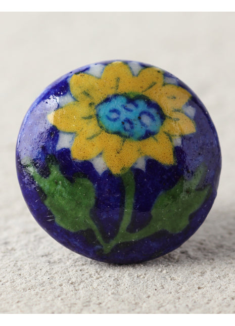Sunflower Print On Blue Ceramic Blue Pottery Dresser Cabinet Knob